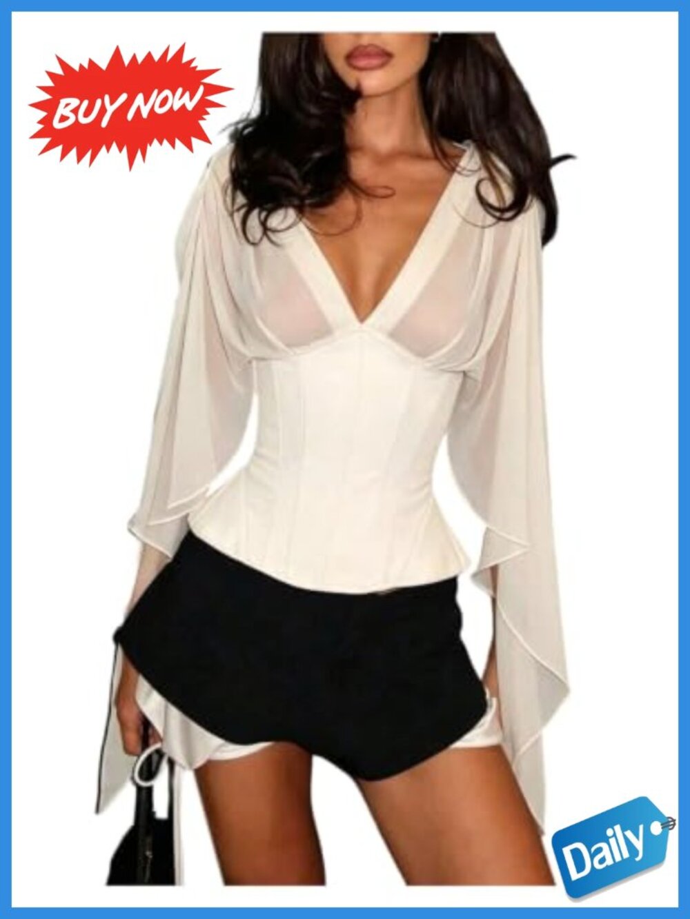 Sheer Long Sleeve Deep V Neck Cinched Waist Tie Back Blouse Top